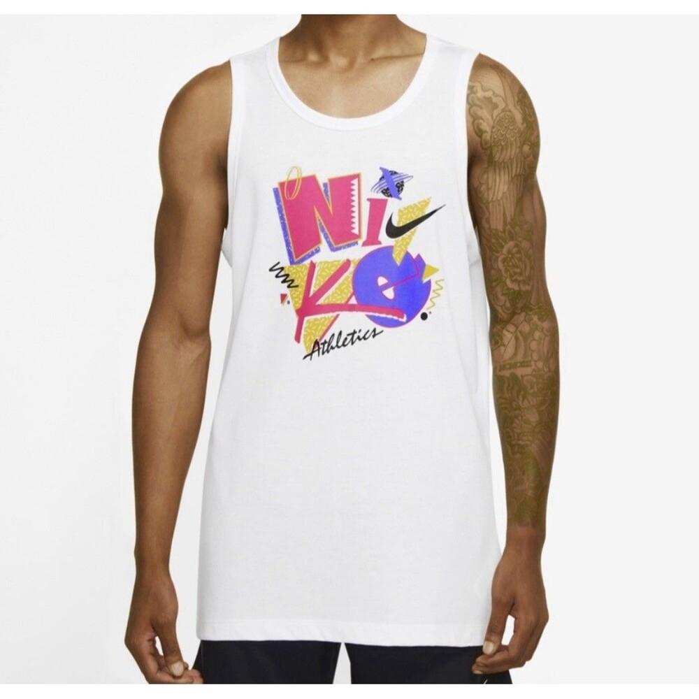 Nike Dri-FIT Tri Blend Training Tank Top Men S White Pink Retro Spellout Gym Run
